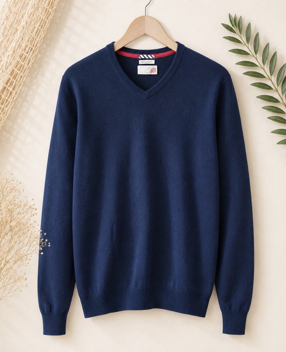 1901 Men's V Neck Cashmere Wool Pullover Sweater Long Sleeve Navy Blue Size L
